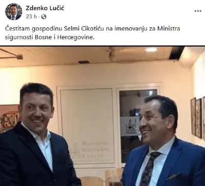 Čestitao je selmi cikotiću koji mu se sudi za ubojstva Hrvata u Bugojnu na imenovanju za ministra obrane